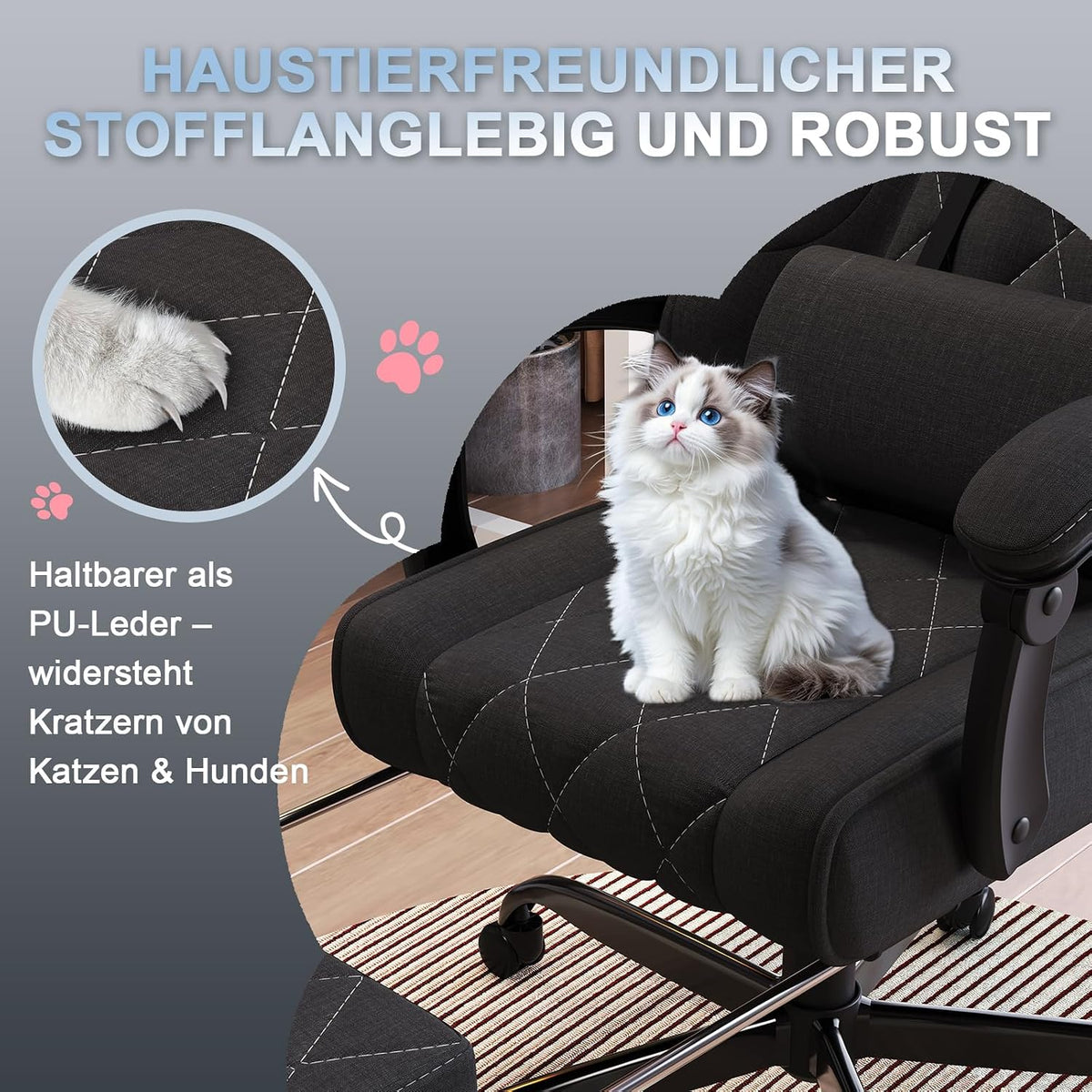 Gamingstuhl mit verstellbarer Rückenlehne und Fußstütze
