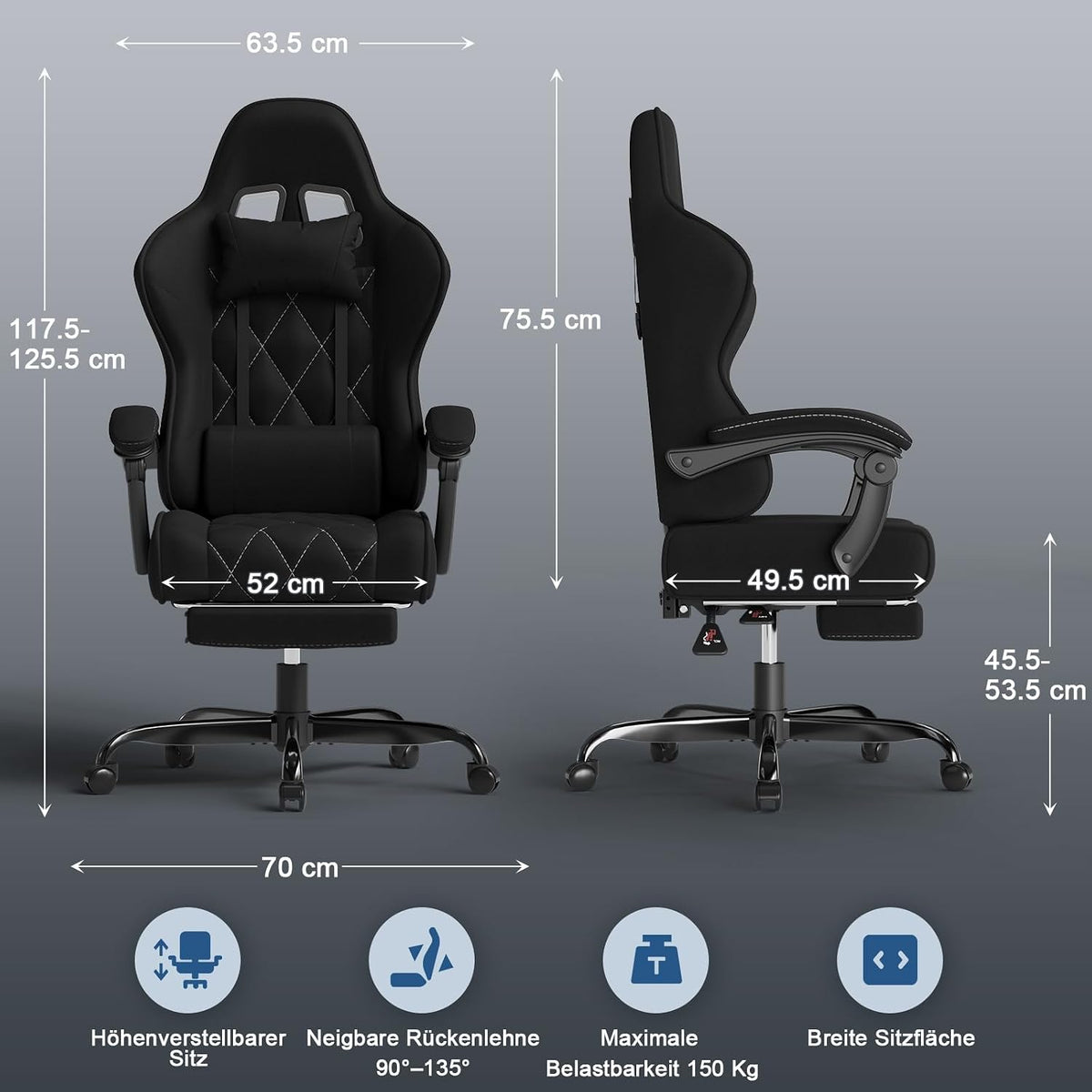 Gamingstuhl mit verstellbarer Rückenlehne und Fußstütze