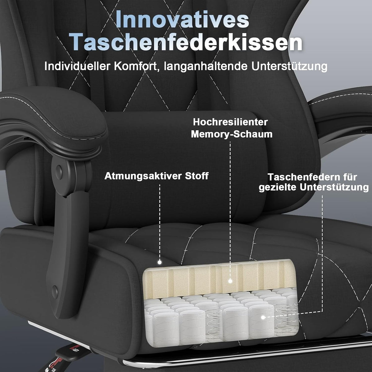 Gamingstuhl mit verstellbarer Rückenlehne und Fußstütze
