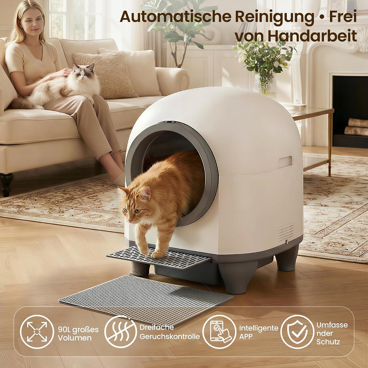 Selbstreinigende Katzentoilette 90L für mehrere Katzen