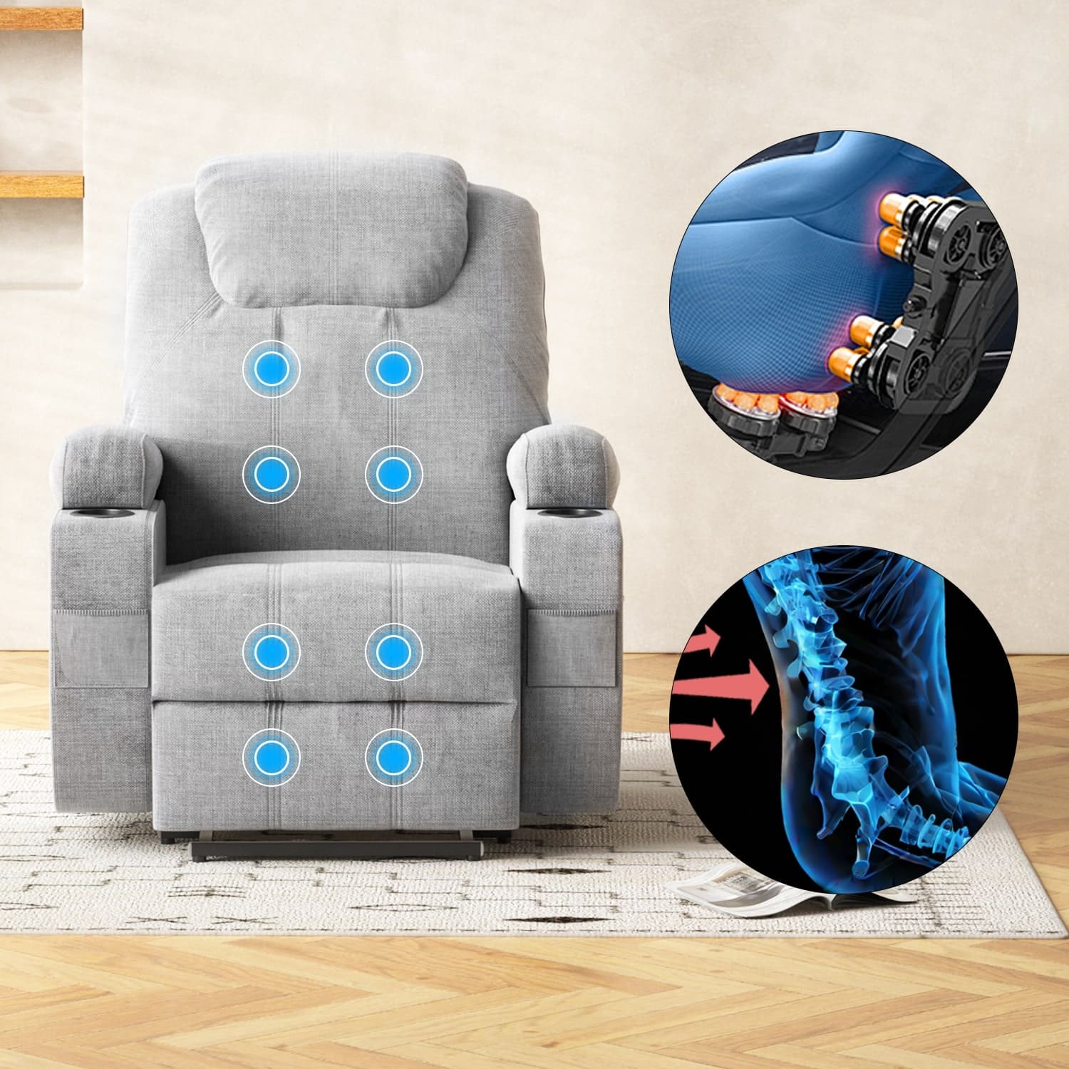 Elektrisch Liegesessel mit Massage Relaxsessel TV Sessel Wohnzimmer mit USB & Typ-C & Becherhalter & Tasche