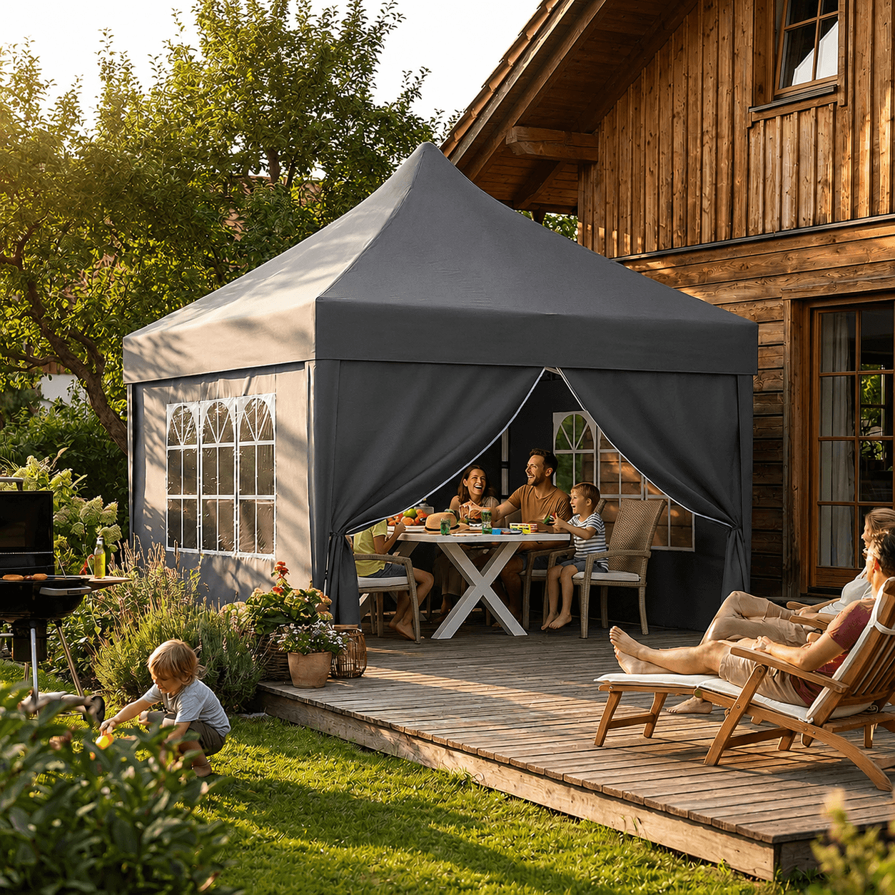 Faltpavillon mit hohem Spitzdach und Seitenwänden