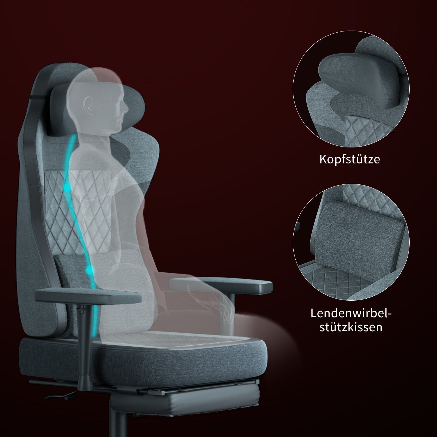 Ergonomischer Gaming Stuhl mit Fußstütze, Kopfstütze und Armlehne