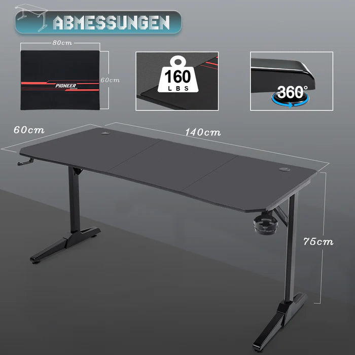 Gaming Tisch mit Getränkehalter 140/160/180 cm
