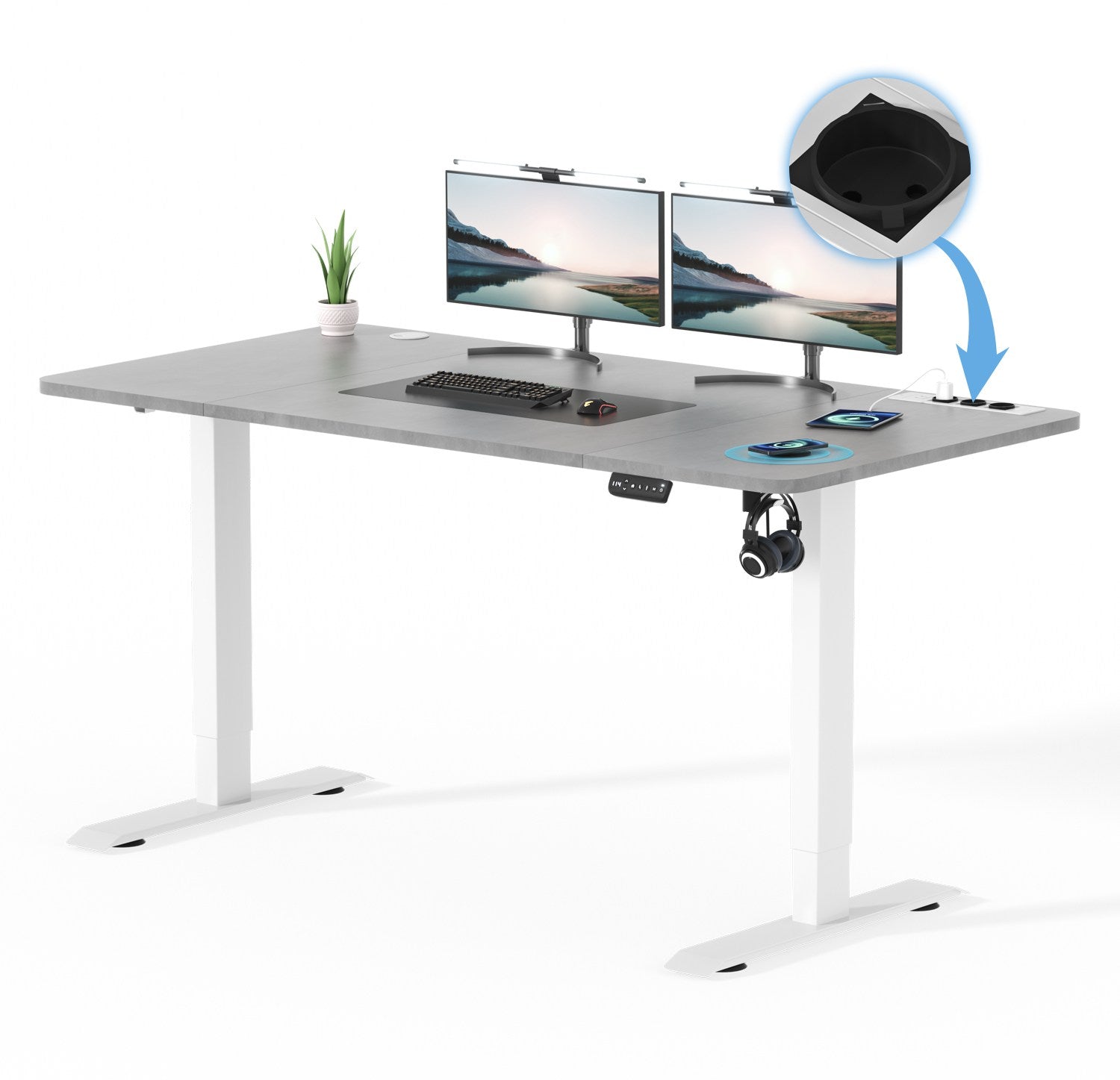 Höhenverstellbarer Schreibtisch mit USB Kabelloses Steckdosen Computertisch