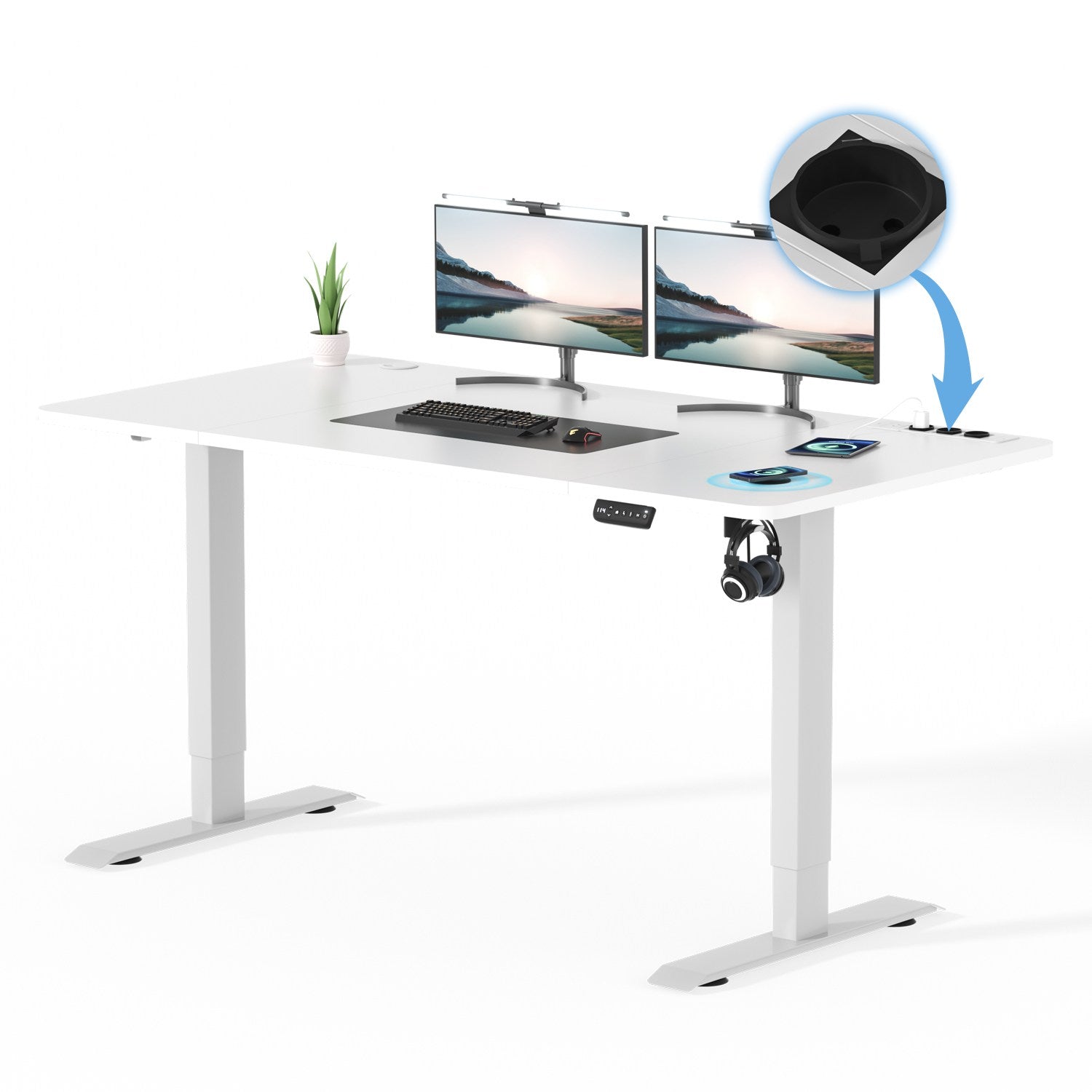 Höhenverstellbarer Schreibtisch mit USB Kabelloses Steckdosen Computertisch