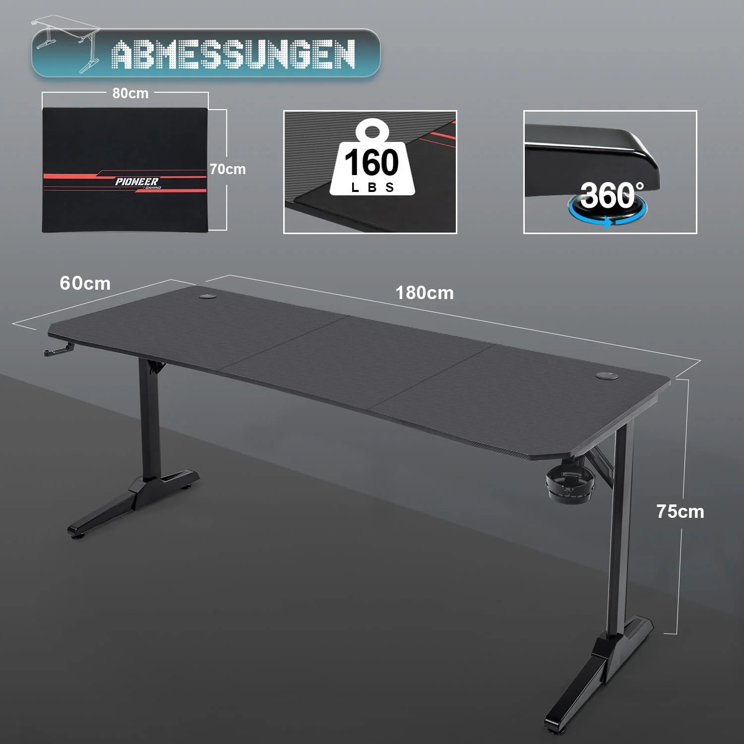 Gaming Tisch mit Getränkehalter 140/160/180 cm