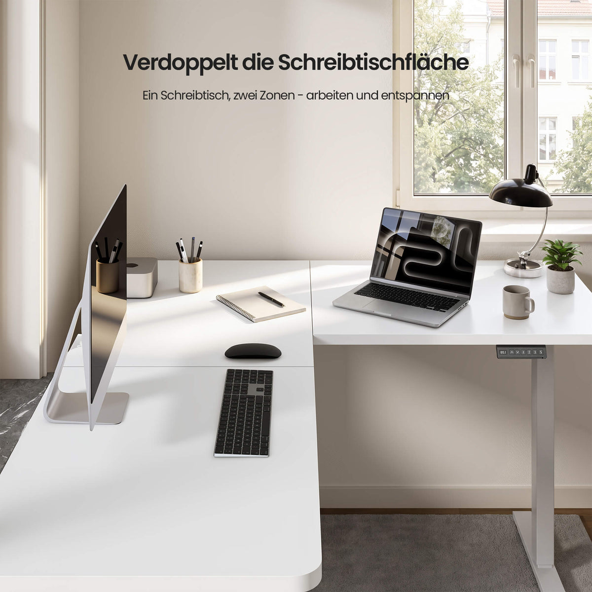 Elektrisch höhenverstellbares Tischgestell in L-Form