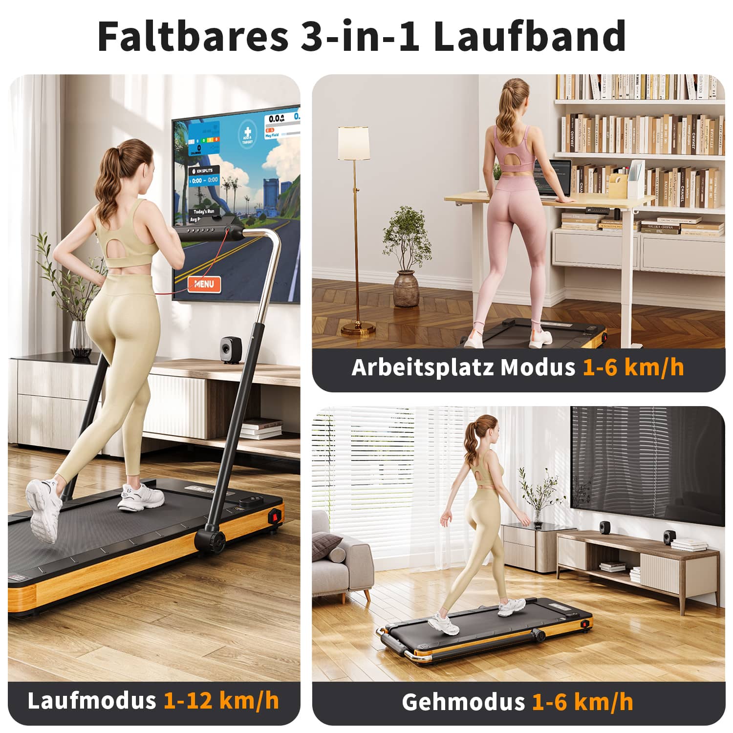 Premium 3-in-1 Klappbares Laufband in Massivholz, große Lauffläche, 150 kg, 12 km/h, 2,5 PS