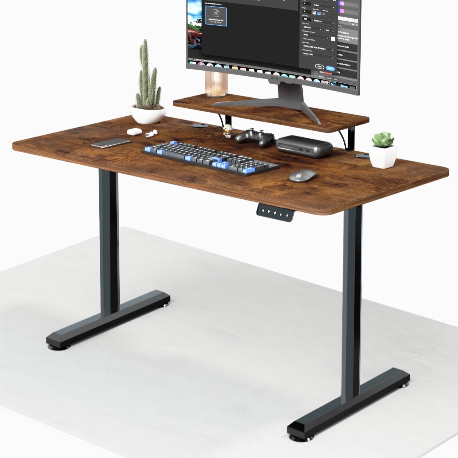 Economy Elektrisch Höhenverstellbarer Schreibtisch mit Monitorständer aus Holz