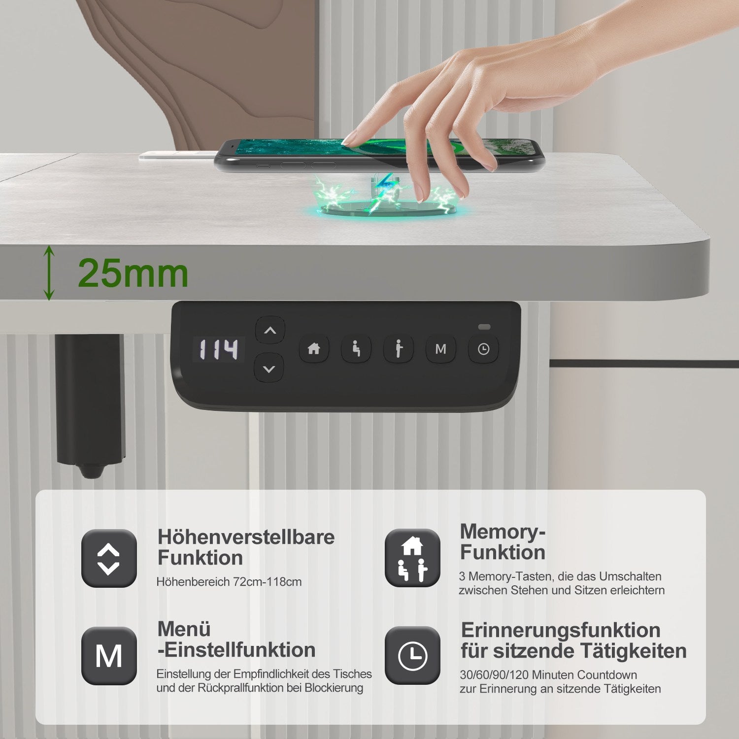 Pro Höhenverstellbarer Schreibtisch mit Kabelkanal und Kabellosem Laden