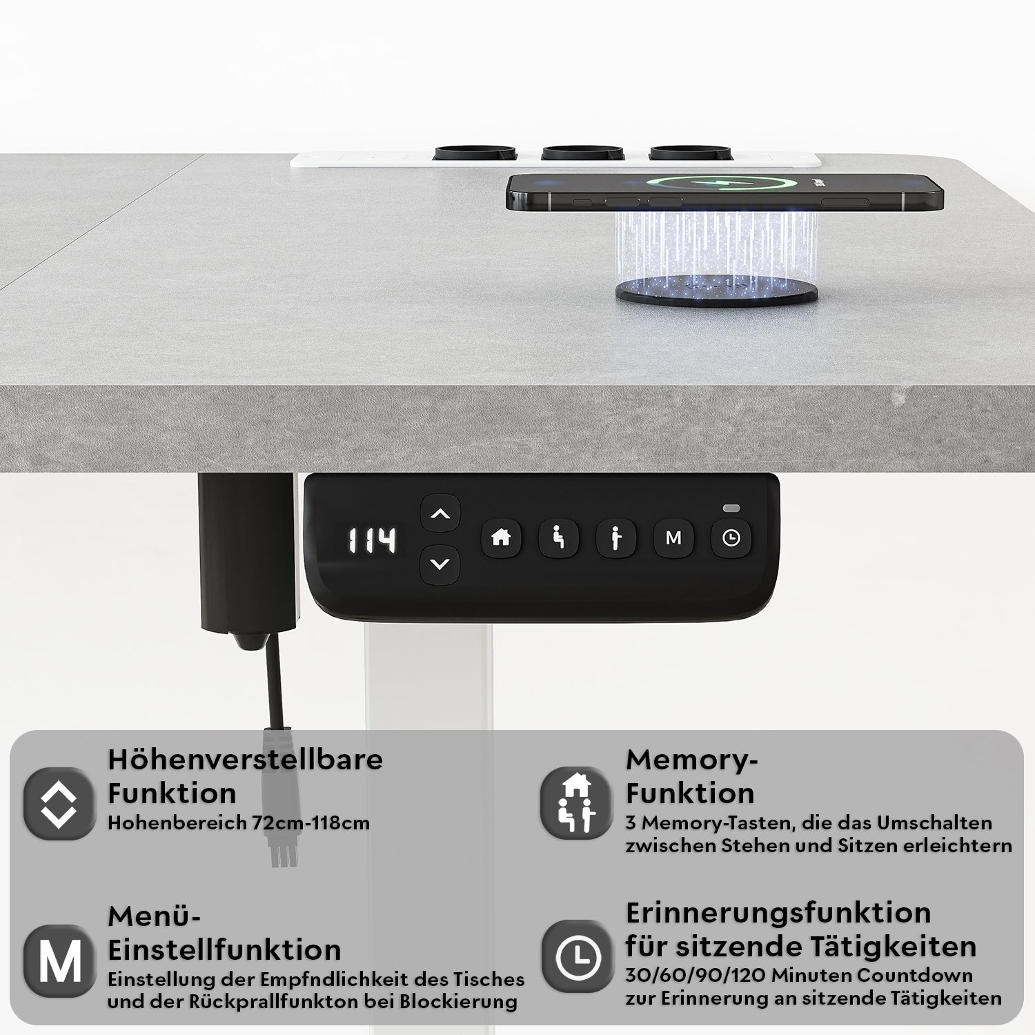Elektrisch höhenverstellbarer Schreibtisch mit Steckdosenleiste und kabellosem Laden