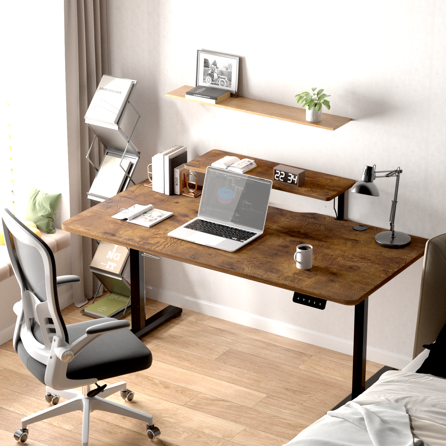 Economy Elektrisch Höhenverstellbarer Schreibtisch mit Monitorständer aus Holz