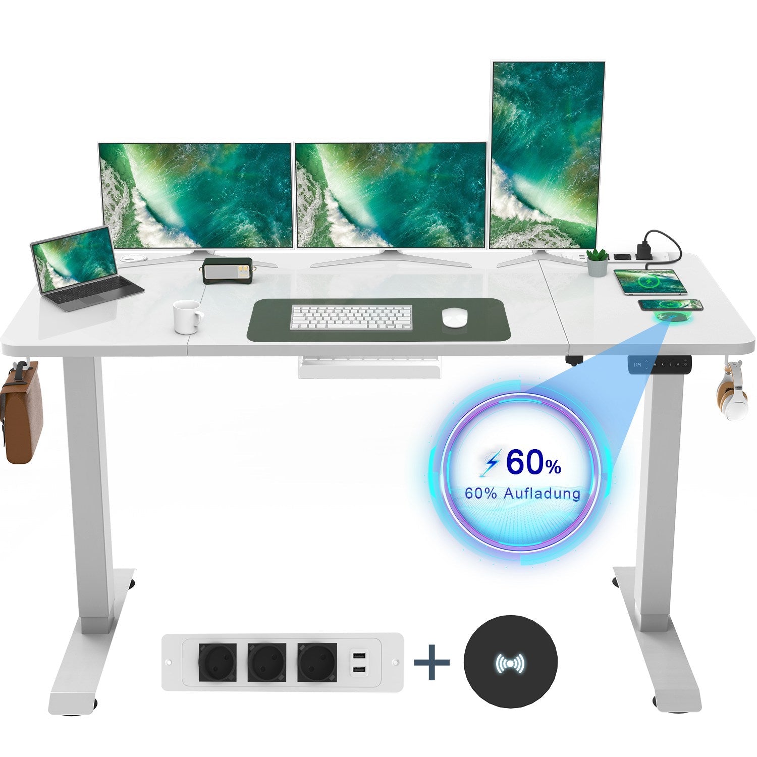 Pro Höhenverstellbarer Schreibtisch mit Kabelkanal und Kabellosem Laden