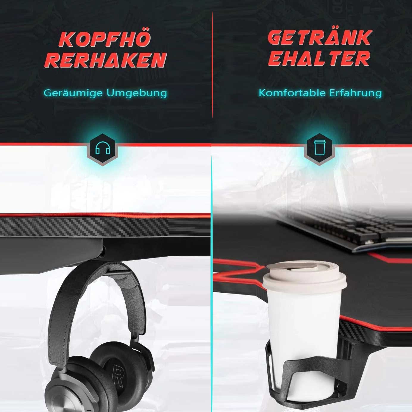 Furniwell T-shaped Gaming Desk Carbon Fiber Surface with Mouse Pad, Gaming Handle Rack, Cup Holder and Headphone Hook