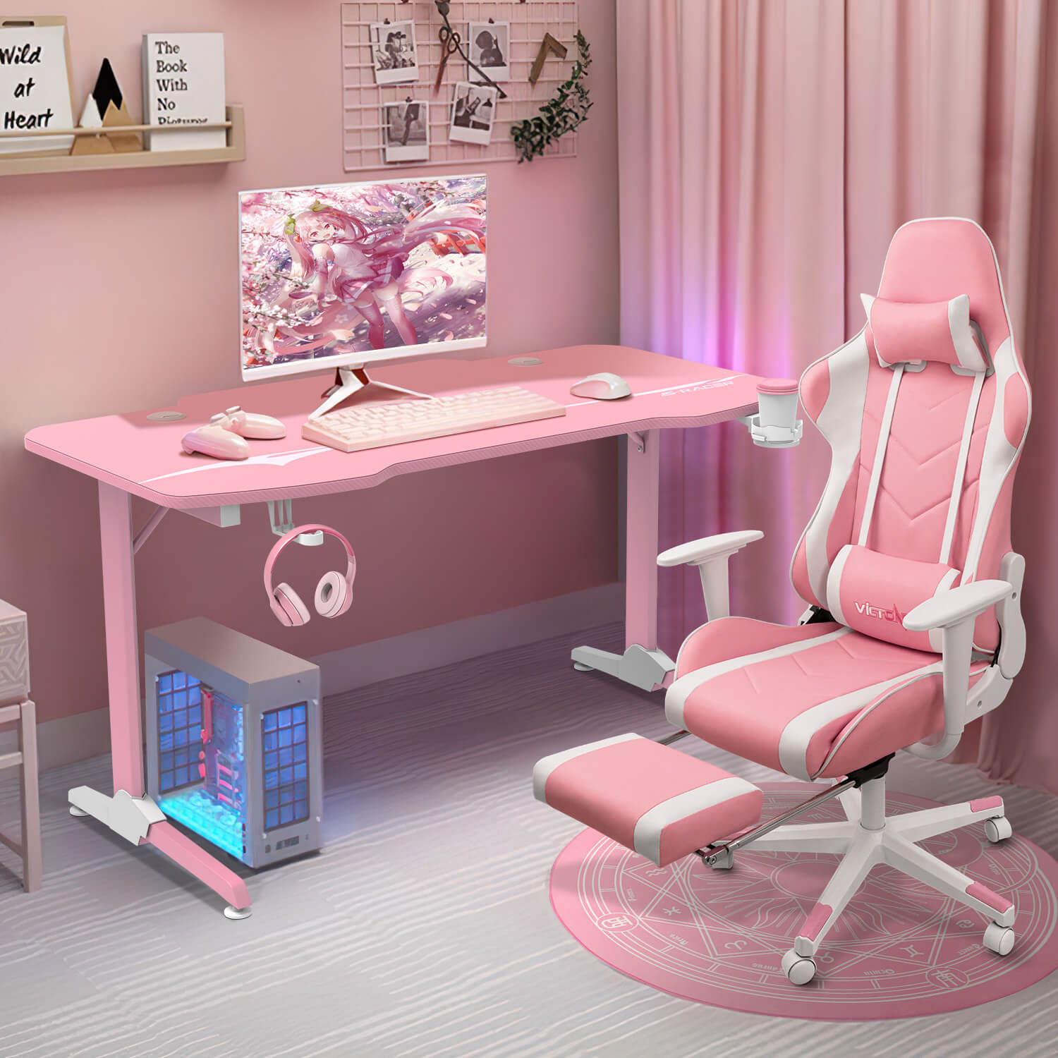Furniwell T-shaped Gaming Desk Carbon Fiber Surface with Mouse Pad, Gaming Handle Rack, Cup Holder and Headphone Hook