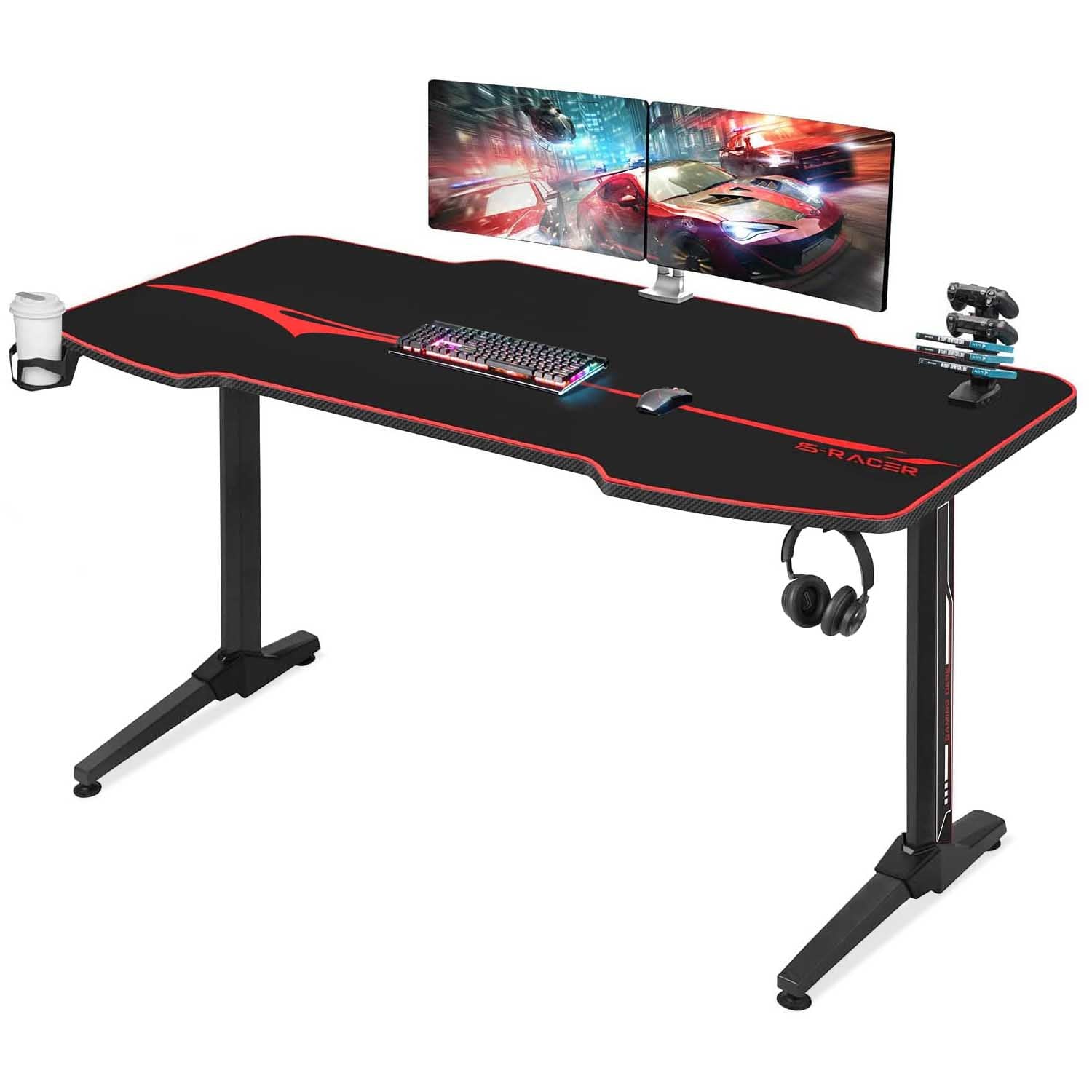 Furniwell T-shaped Gaming Desk Carbon Fiber Surface with Mouse Pad, Gaming Handle Rack, Cup Holder and Headphone Hook