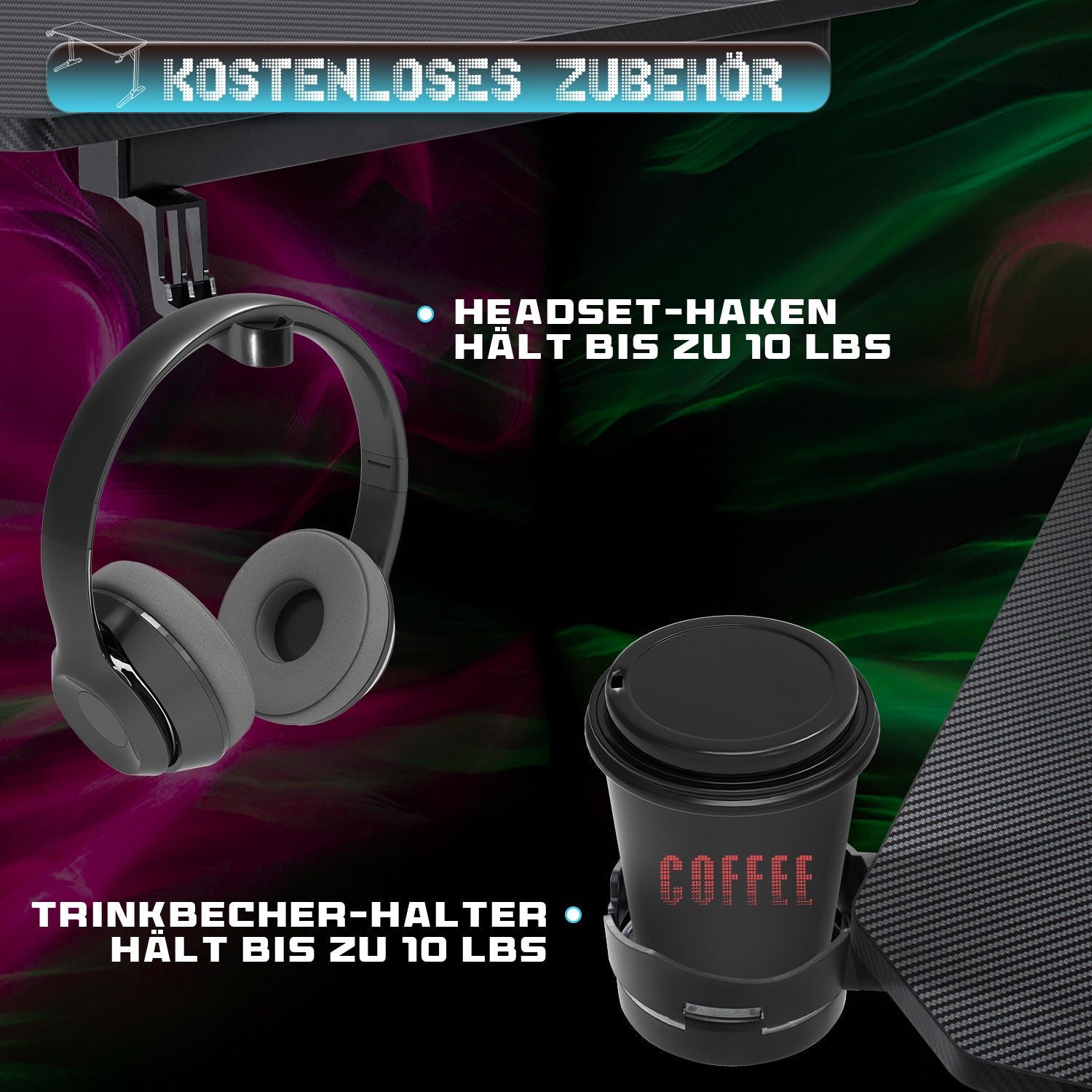 Gaming Tisch mit Getränkehalter 140/160/180 cm