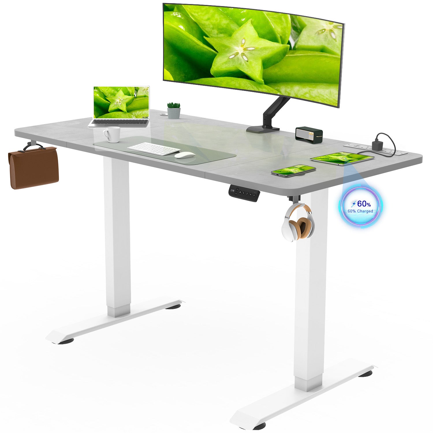 KAWOLA Schreibtisch LORA mit Monitorhalterung elektrisch höhenverstellbar  mit Baumkante Nussbaumfarben massiv