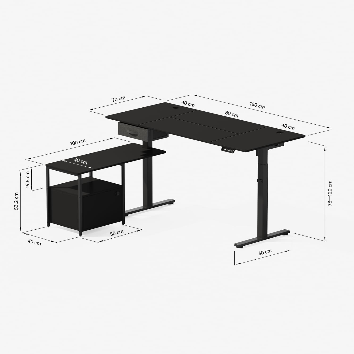 Standard 160 cm x 70 cm Höhenverstellbarer Schreibtisch mit sideboard