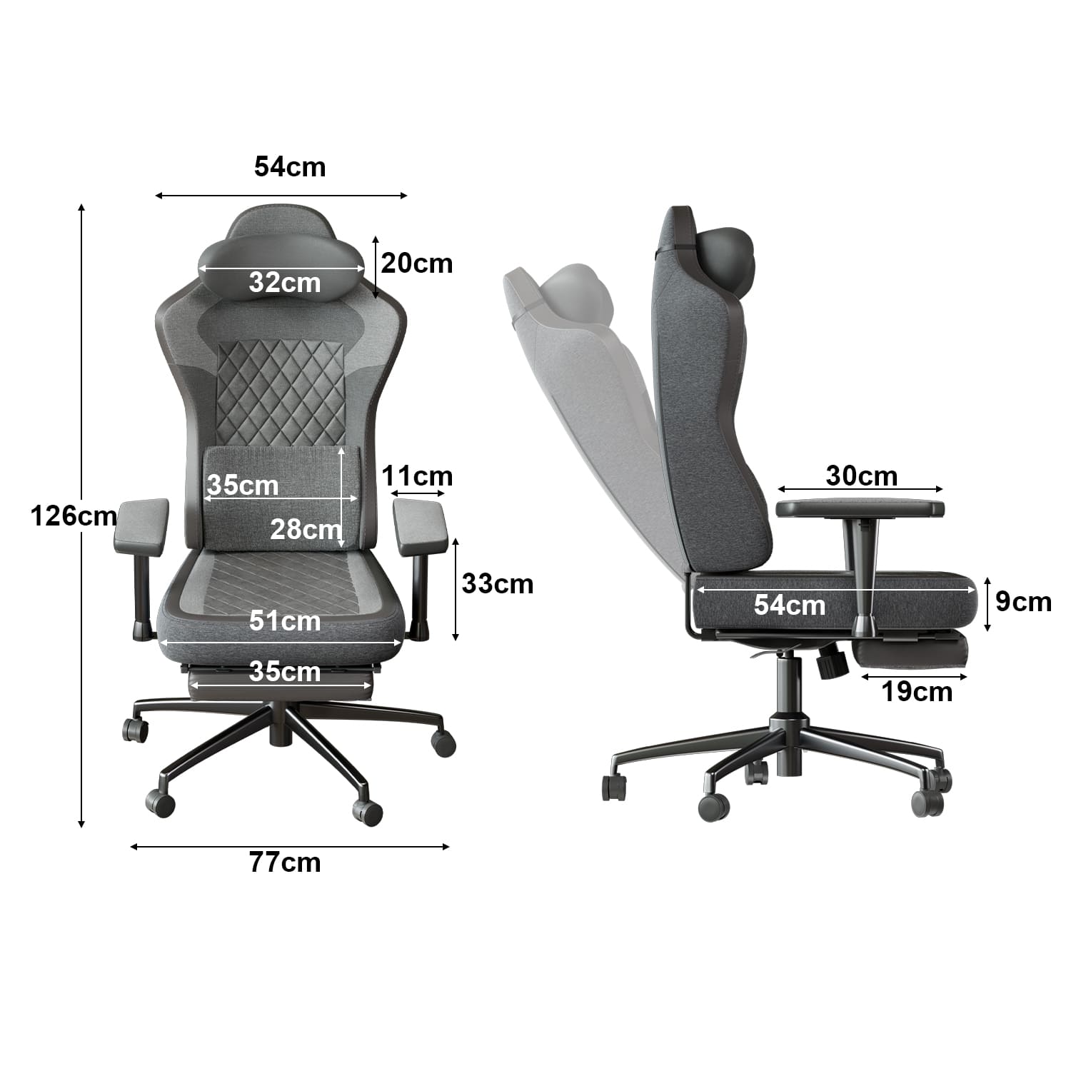 Ergonomischer Gaming Stuhl mit Fußstütze, Kopfstütze und Armlehne