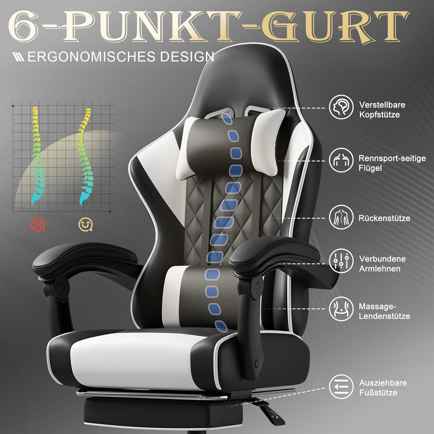 Gamingstuhl mit Fußstütze und Liegefunktion