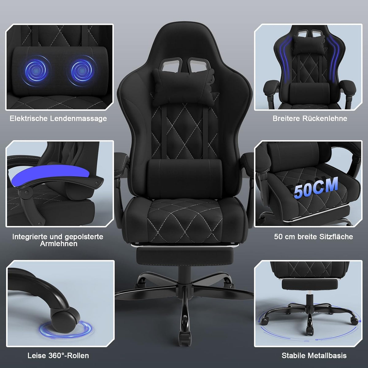 Gamingstuhl mit verstellbarer Rückenlehne und Fußstütze