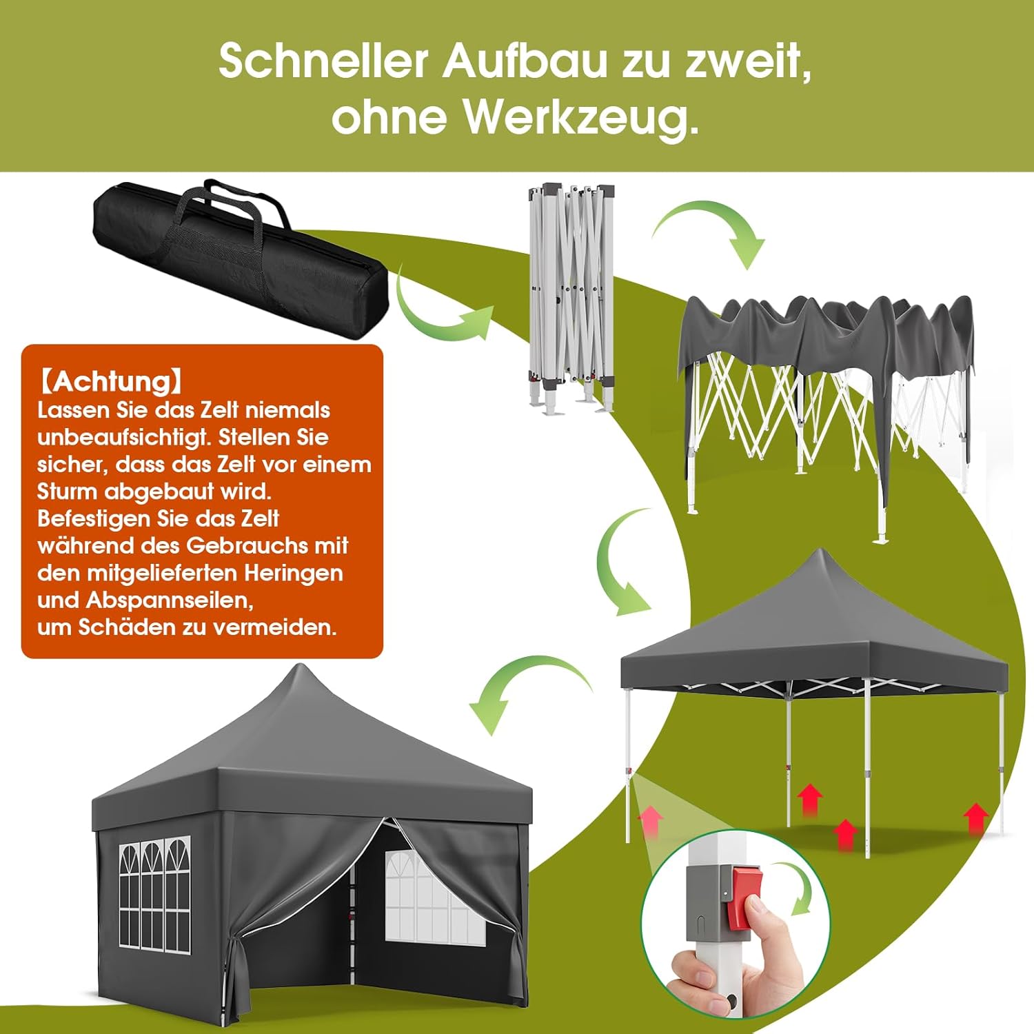Faltpavillon mit hohem Spitzdach und Seitenwänden