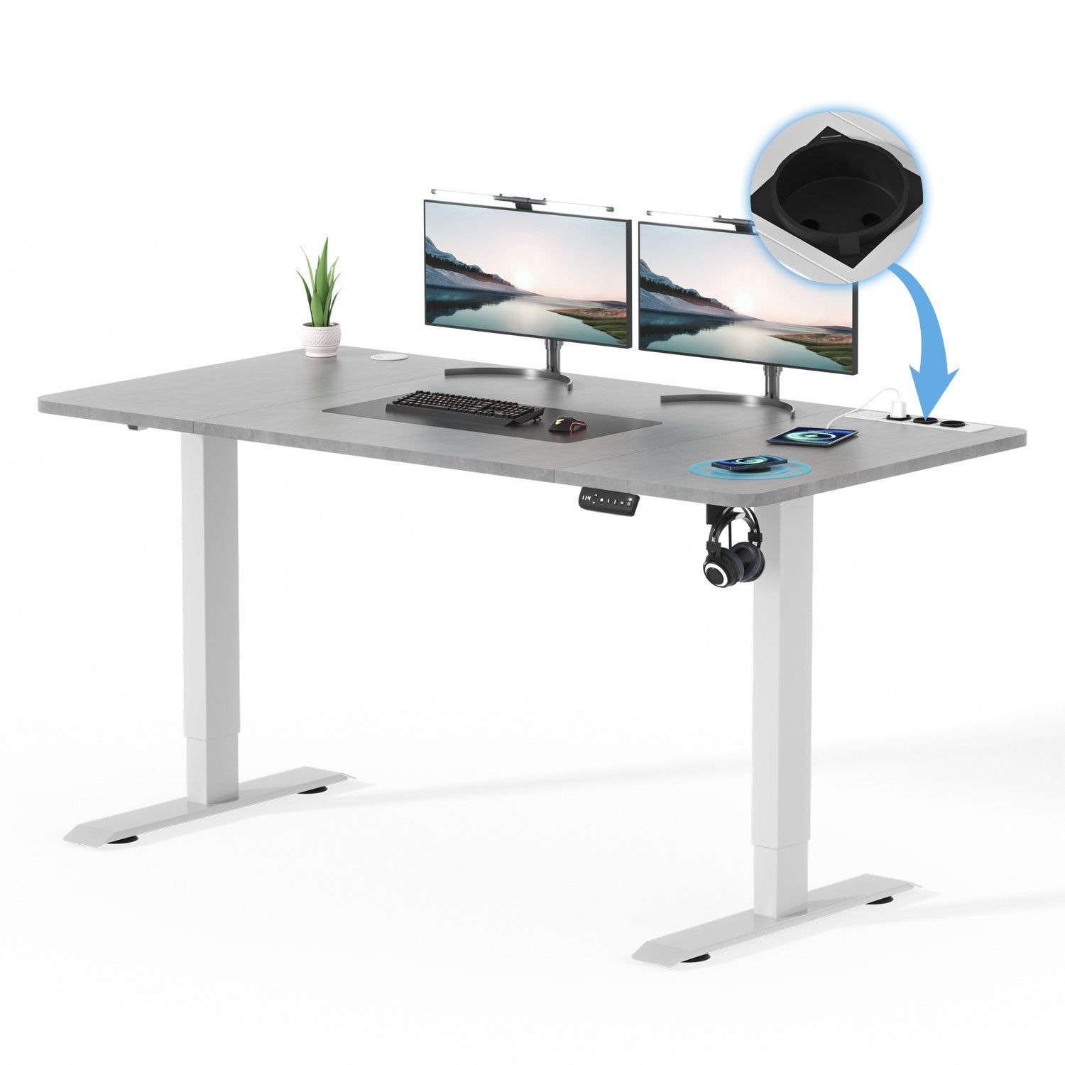 Höhenverstellbarer Schreibtisch mit USB Kabelloses Steckdosen Computertisch