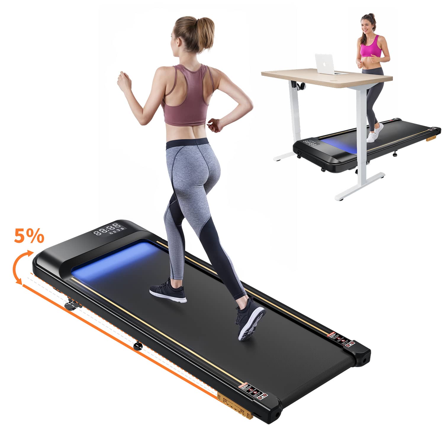 Walking Pad Laufband mit LED-Leuchtband, 5% Steigung, 1-6KM/H