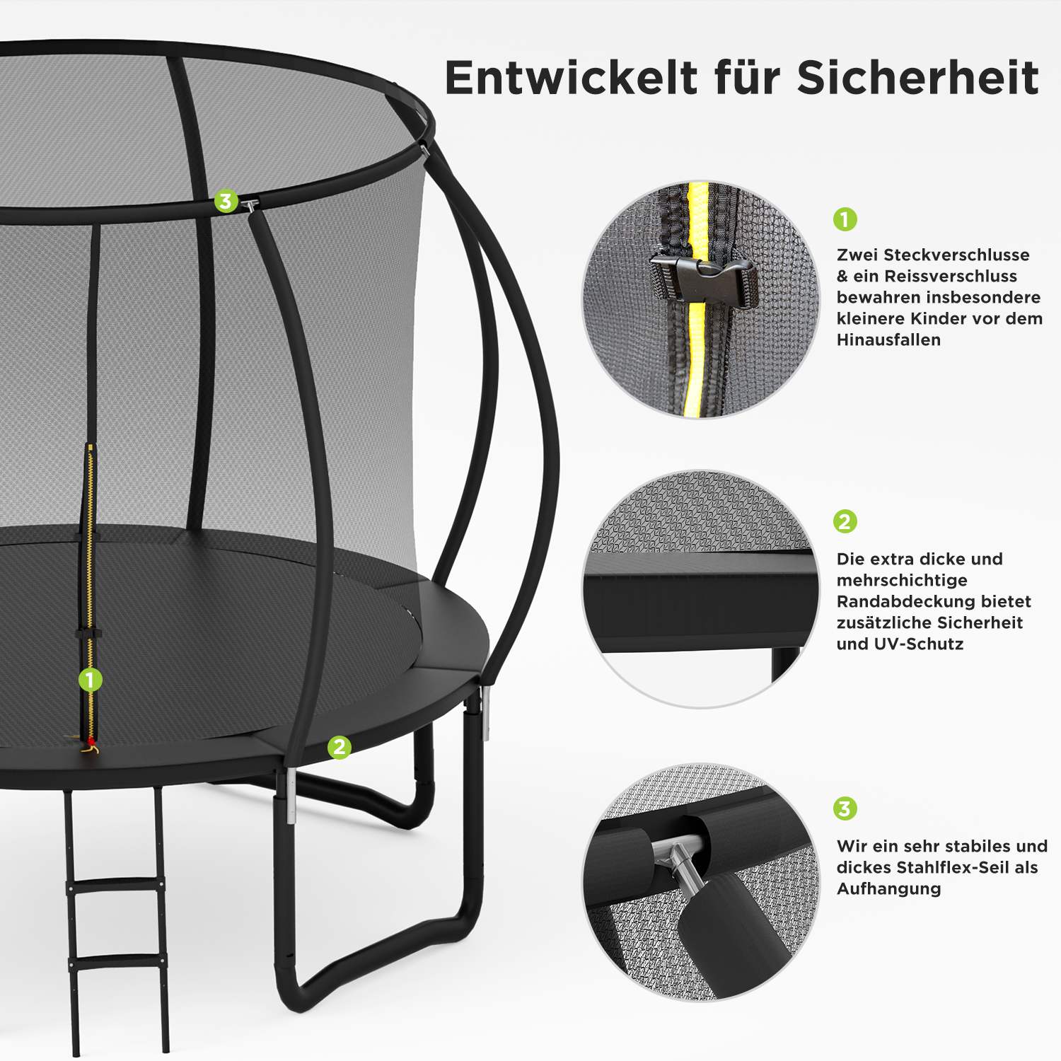 Trampoline mit Sicherheitsnetz und Leiter, Ø 244-427cm