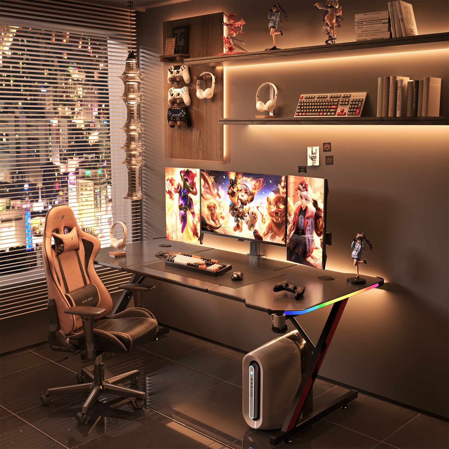 Furniwell Ergonomischer Z Gaming-Schreibtisch mit LED-Beleuchtung